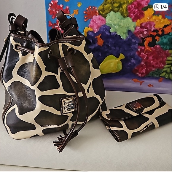 Dooney & Bourke Handbags - Dooney & Bourke Brown and Cream Giraffe-Print Drawstring Bucket Bag